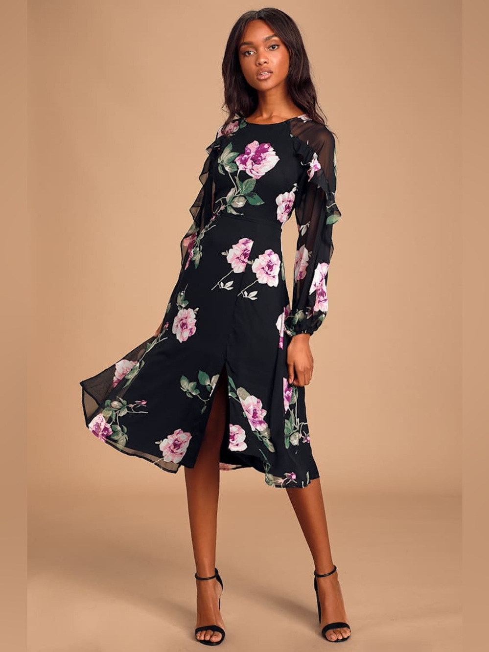 Lulus Once and Flor-All Black Floral Print Long Sleeve Midi Dress